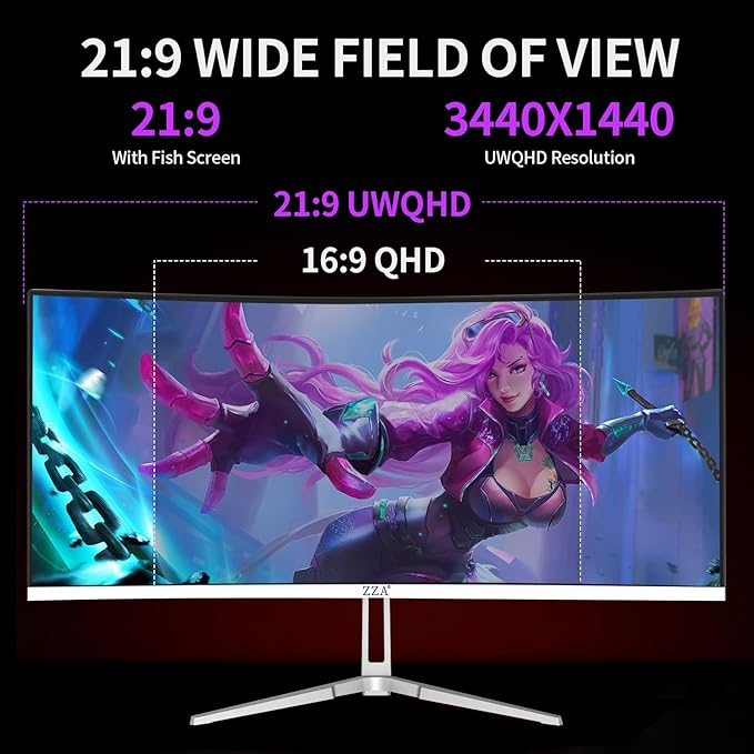 ZZA 34'' Gaming Monitor-165Hz/180Hz WQHD (3440x1440P) Ultrawide 34 White Curved MonitorFreeSync for Tear-Free Gaming100% sRGB HDMI 2.1 &amp DP 1.4PBP ModeWall Mountable