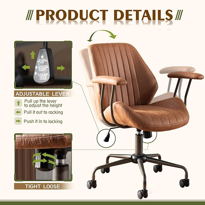 High Back Office ChairModern Swivel Office ChairBrown Suede Fabric Gaming ChairHeight Adjustable Home Office Desk Chair with Lumbar Support