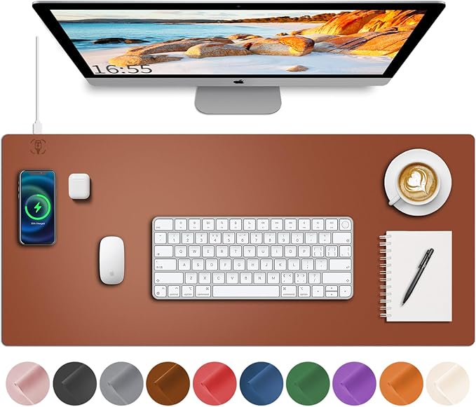 Desk Mat with Wireless Charging Brown Mouse Pad with Wireless Charger Desk Pad Matt for Desktop Mousepad Gaming Large Mouse Pad Leather Compute for Keyboard and Mouse 32 x 16