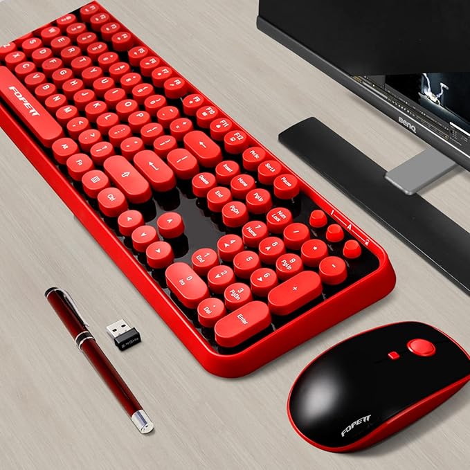 FOPETT Wireless Keyboard and Mouse Combo 104 Keys Full-Sized 2.4 GHz Round Keycap Colorful Keyboards USB Receiver Plug and Play for Windows Mac PC Laptop Desktop (Black Red)