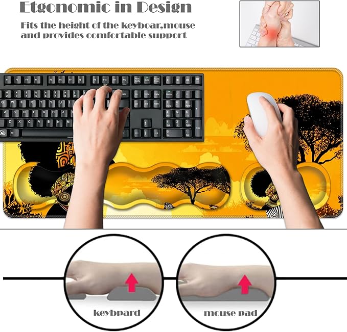Ergonomic Keyboard Wrist Rest &amp Mouse Pad Wrist Rest SetXL Gaming Desk Mat 31.5x 11.8Non-Slip BaseMemory FoamEasy Typing Pain Relief for Office &amp HomeAfrican Woman Sunset Art