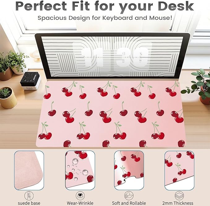 Cute Kawaii Cherry Office Desk Mat 23.6''X11.8''Pretty Design Desktop Mat Pu Leather Large Mouse Pad Aesthetic Mousepad Non-Slip Table Mat for Girls Women Home Work Computer Game