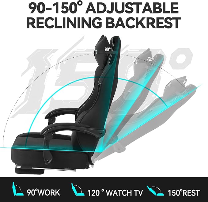 Gaming Chair Video Gaming Chairs for Adults Comfy Fabric Computer Office Chair with Pocket Spring Cushion 350lb Heavy Duty Ergonomic Gamer Chair 360° Swivel Lumbar Headrest 90-150° Recline Black