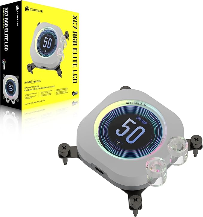 CORSAIR XC7 RGB Elite LCD CPU Water Block - 480x480 IPS LCD Screen - 31 RGB LEDs - USB-C - Fits Intel® LGA 1700 AMD® AM5 and Older - White