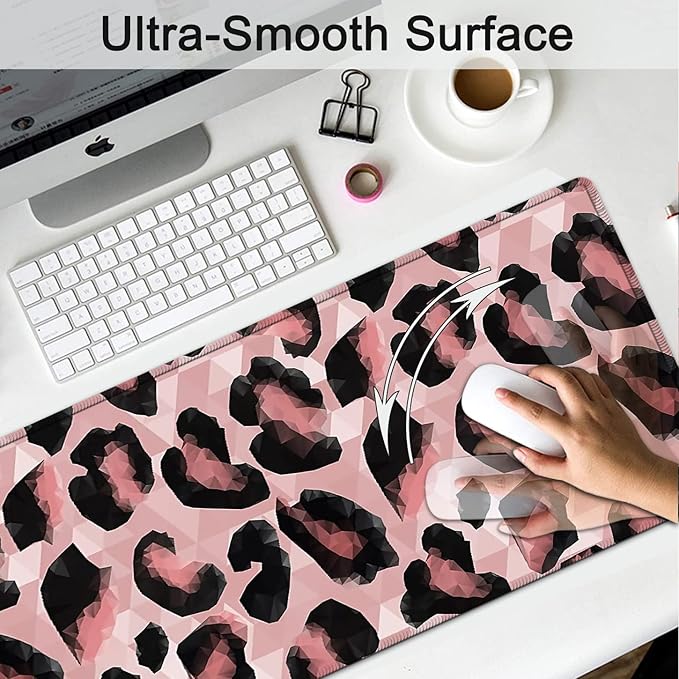 Extended Gaming Mouse Pad 31.5x11.8 Big Desk Mat Ergonomic Memory Foam Keyboard Wrist Rest Support for Home Laptop Office Desk Pad with Non-Slip BaseAbstract Pink Leopard Print Large Mouse Pad