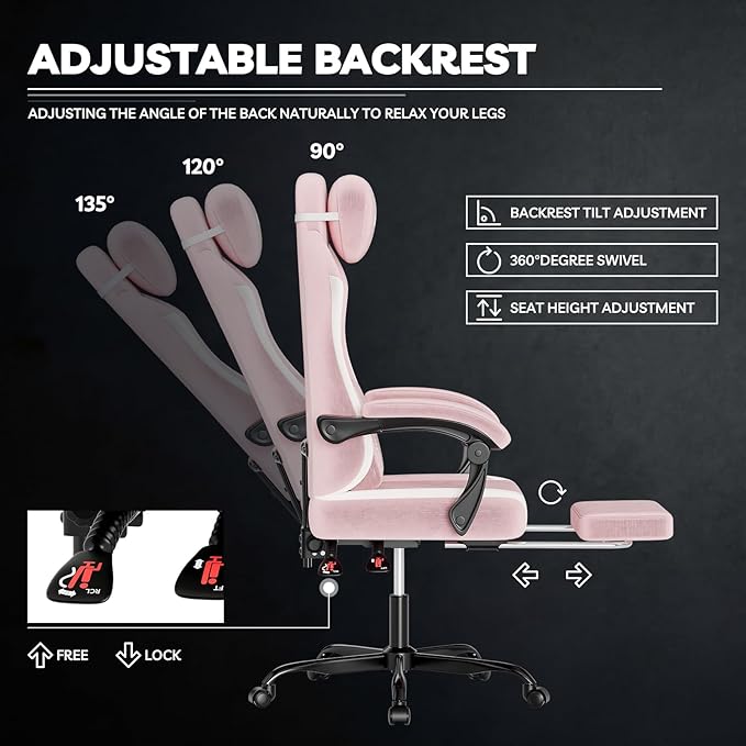 SUKIDA Ergonomic Gaming Chair — Premium Computer Video Gaming Chair with Massage Lumbar Support Adjustable Headrest &amp Footrest Plush Chenille Fabric for Office and Home UsePink