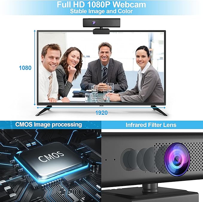 ROTOPATA Webcam with Speakers and Mic Full HD 1080P/30FPS Computer Camera for Streaming Video Conference  4 Noise-Cancelling Mics Privacy Cover 90°FOV USB-A Webcam for PC Desktop Monitor Laptop