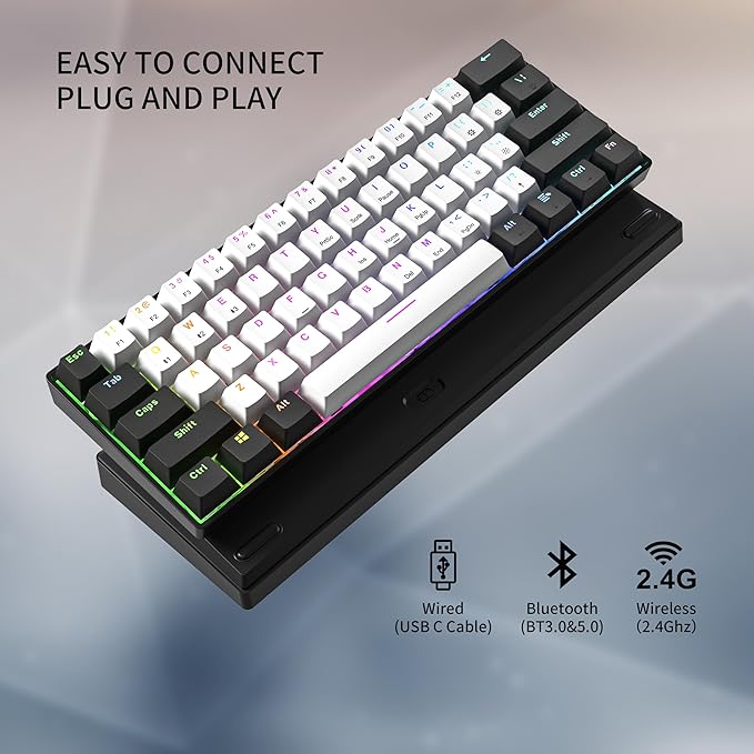 Newmen GM610 60% Wireless Mechanical Gaming KeyboardWired/Bluetooth/2.4G KeyboardRGB Backlit61 Anti-Ghosting KeysProgrammableHot-Swappablefor Windows Mac Android (Black-White/Red Switch)
