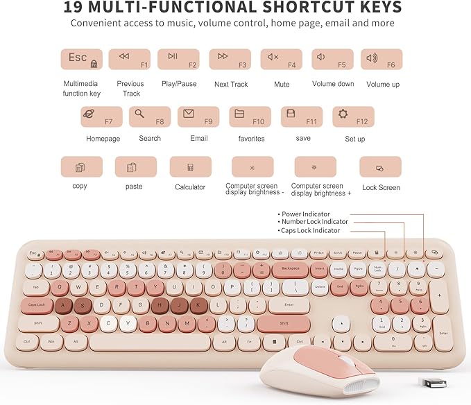 Wireless Keyboard and Mouse Combo Colorful Ergonomic Full Size Retro Low-Noise Keyboard with Cute keycaps Compatible with Windows PC Perfer for Home and Office Keyboards (Brown)
