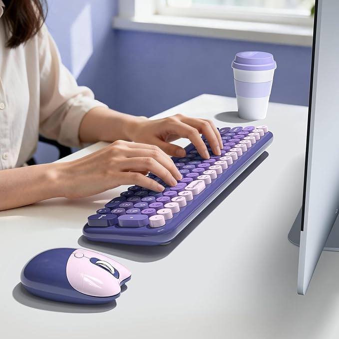 Wireless Keyboard and Mouse Combo MOWUX Compact Typewriter Retro Round Computer Keyboard Cute Optical Mouse Wireless Plug and Play for Laptop PC Computer- Purple Gradient
