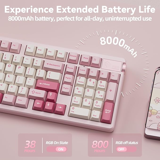 LEOBOG A98 Wireless Mechanical Keyboard Tri-Mode BT5.0/2.4GHz/USB-C Creamy Keyboard with Number Pad Gasket Structure Hot Swappable PBT Keycaps RGB Backlit Pink Gaming Keyboard with Knob for PC