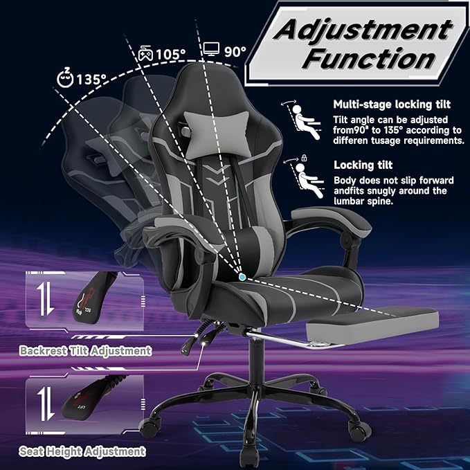 Gaming Chair with Massage and Footrest Ergonomic High Back PC Racing Chair 300LBS Capacity with Adjustable Lumbar Support &amp Headrest for Office and Desk (Model D Black+Grey)