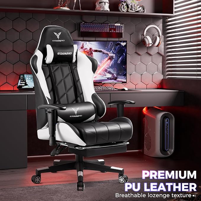 Gaming Chair Big and Tall Video Game Chair with High Back PU Leather Home Office Ergonomic Computer Chair with Footrest Adjustable Height 360° Swivel Wheels for Adults and Teens (White)