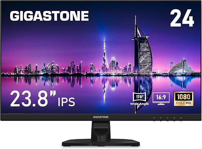 Gigastone 24 inch IPS LED Back Light Monitor 75Hz FHD 1920 x 1080 1080P 178° Wide View Frameless Computer Monitor 5ms Built-in Speakers Eye Care Technology Ergonomic Tilt VESA Mount HDMI VGA