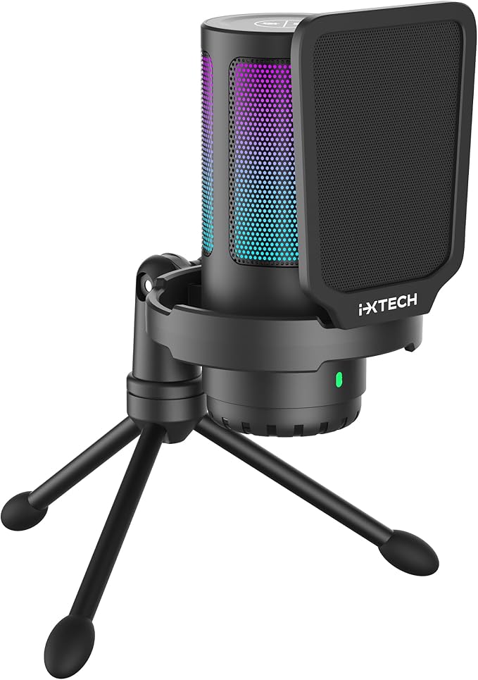 IXTECH USB Gaming Microphone for PC RGB Condenser Microphone with Tripod Stand Pop Filter Rotate Gain Button and Quick Mute Noise Cancellation Computer Mic for Streaming Gaming Podcasting