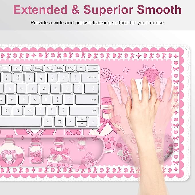 Desk Mat Pad Gaming Mouse Pad Wrist Support Set 4 in1 Non-Slip XXL Large Mousepad + Ergonomic Keyboard Wrist Rest+Mouse Wrist Rest+Coaster for Home Office Computer I Pink Kawaii Bow Bottle