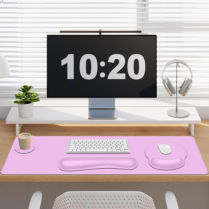 4 PCS Mouse Pad Desk Mat Protector Keyboard Wrist Rest + Comfortable Mouse Pad with Wrist Rest +Coaster Large Gaming Mousepad for Computer Laptop 35.4 X 15.7 XXL Deskpad for Office Home I Lilac