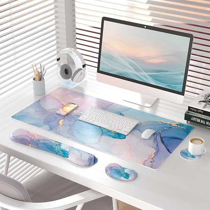 QIYI Leather Desk Mat Set 4-in-1 Large Mouse Pad with Wrist Rest Non-Slip Desk Pad + Keyboard Wrist Rest + Mouse Wrist Support + Coaster Office Desk Accessories Home Decor Supplies Blue Pink Fluid