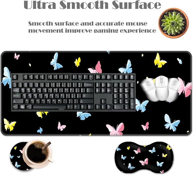 Ergonomic Keyboard Wrist Rest &amp Mouse Pad Wrist Rest SetXL Gaming Desk Mat 31.5x 11.8Non-Slip BaseMemory FoamEasy Typing Pain Relief for Office &amp HomeColorful Butterflies