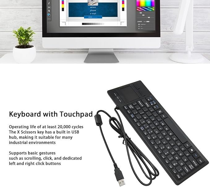 Wired Keyboard with Trackpad Ultra Thin Touch Keyboard with X Scissors Key Built in USB Hub Compact Mini Industrial Keypad for Food Service Marine Medical