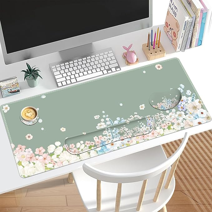 Green Desk Pad Mat Floral Ergonomic Mouse Pad+ Keyboard Wrist Pad+Mouse Wrist Rest Easy Typing Pain Relief 35.4×15.7in Big Keyboard Mat for Home Office