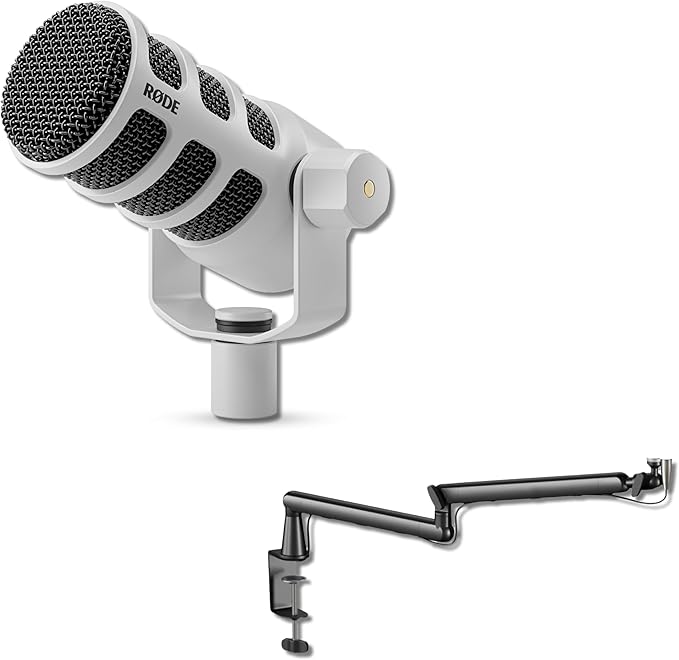 Rode PodMic Cardioid Dynamic Broadcast Microphone (White) with StreamEye Lowpro Mic Boom Arm and Professional Grade XLR Cable
