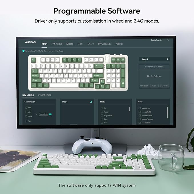 AUSDOM 98Pro Wireless Mechanical Keyboard Tri-Mode BT/2.4GHz/USB-C Hot Swappable Custom Gaming Keyboard with Backlit Gasket Structure Linear Switches for Windows/Mac/PC (Green&ampWhite 97keys)