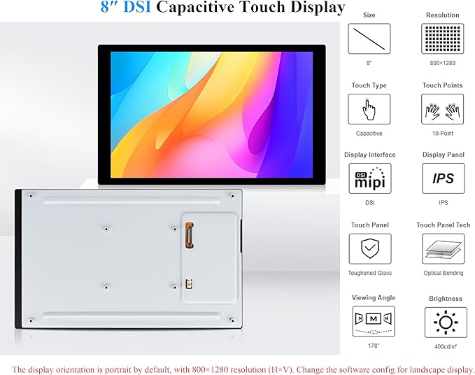 8inch DSI Touch Screen 10-Point Capacitive Touch Display 800x1280 IPS Panel Optical Bonding Toughened Glass Panel Compatible with Raspberry Pi 5/4B/3B+/3B/RK3506/RK3576/ESP32-P4