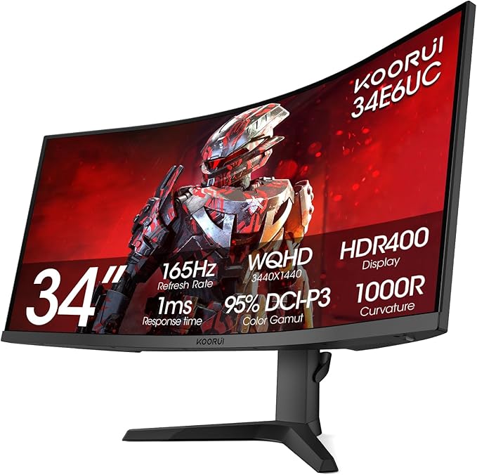 KOORUI 34-inch Ultrawide Curved WQHD 3440×1440 Gaming Monitor 165Hz 144Hz Curved 1000R- PIP/PBP 1ms(MPRT) with DisplayHDR 400 FreeSync Premium 75 * 75mm VESA HDMI/DisplayPort 34E6UC