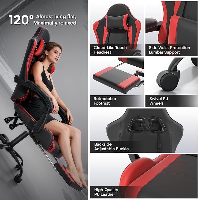 Athena Collection Ergonomic Gaming Chair with Footrest &amp Headrest Lumbar Support Height Adjustable Swivel Office Chair Reclining Game Chair Leather High Back Computer Chair for Adults Kids Red