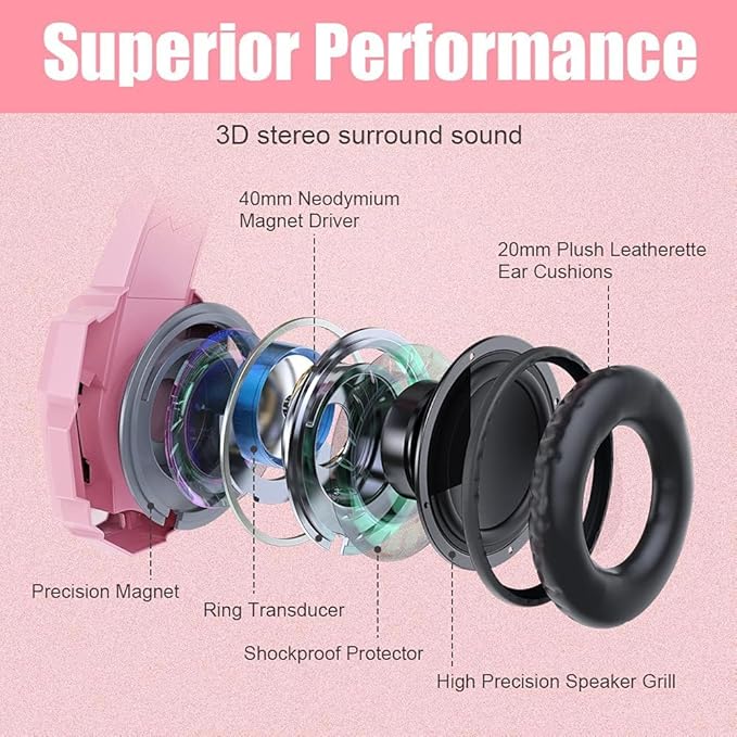 BENGOO G9000 Professional Gaming Headset for PS4 PC Xbox One Controller Noise Cancelling Over Ear Headphones with Mic LED Light Bass Surround Soft Memory Earmuffs for Laptop - Pink
