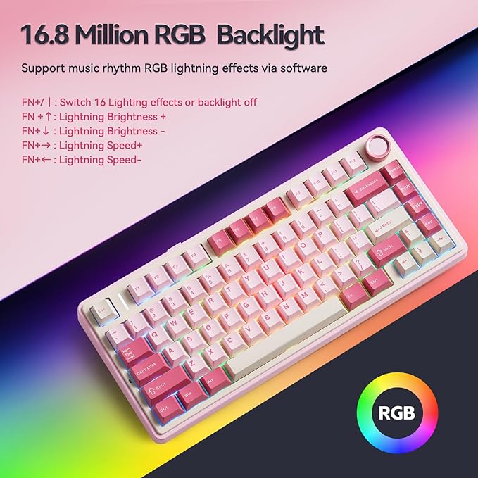 AULA F75 Wireless Keyboard 75% Gaming Keyboard Hot Swappable with Creamy SoundBluetooth/2.4GHz/USB-CCustom RGB Mechanical Keyboard for PC Gamer - Pink
