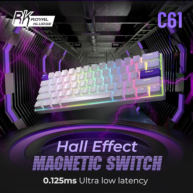 RK ROYAL KLUDGE C61 HE Gaming Keyboard 60% Wired Mechanical Keyboard with Hall Effect Magnetic Switch 8000Hz Polling Rate Rapid Trigger RGB Backlit 61 Keys White Purple