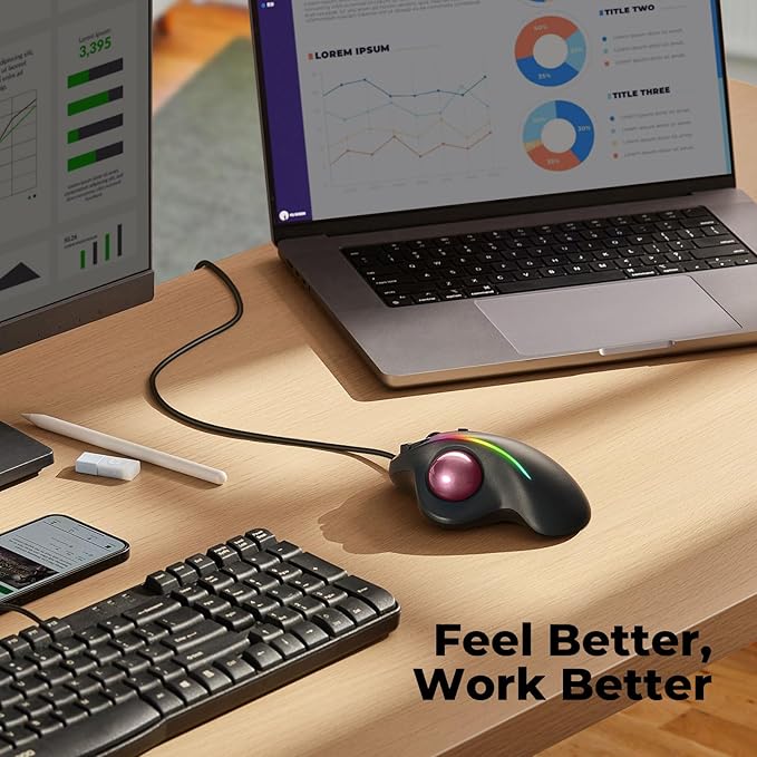 Wired Trackball Mouse with RGB Lighting Ergonomic Thumb Control to Reduce Muscle Strain 5 Adjustable DPI Dual USB-C &amp USB-A Connectivity Compatible with PC Laptop Mac Windows-Pink