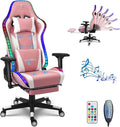 Gaming Massage Recliner Chair - Ergonomic Gaming Computer Chair with Speakers &amp RGB LED Lights Office Chair High Back PU Leather 180° Office Chair with Footrest Game Chair for AdultPink