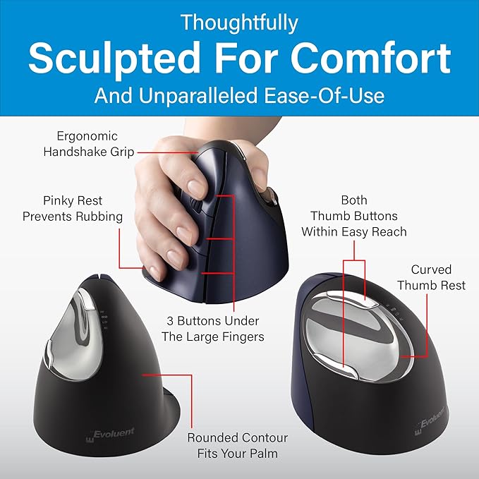 Evoluent – Inventor of the Vertical Mouse – VM4RW Ergonomic Vertical Mouse Right Hand Regular Size Wireless USB Sculpted for Comfort Reduces Wrist Strain 4 Speeds 6 Customizable Buttons in Windows