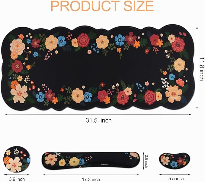 Petmolico Ergonomic Wrist Pad Set 4 in 1 with Computer Keyboard Desk Gaming PadMouse Pad with Wrist RestTyping Wrist Support and Cup CoastersNon-Slip PU Base [BlackFloral Hoop]