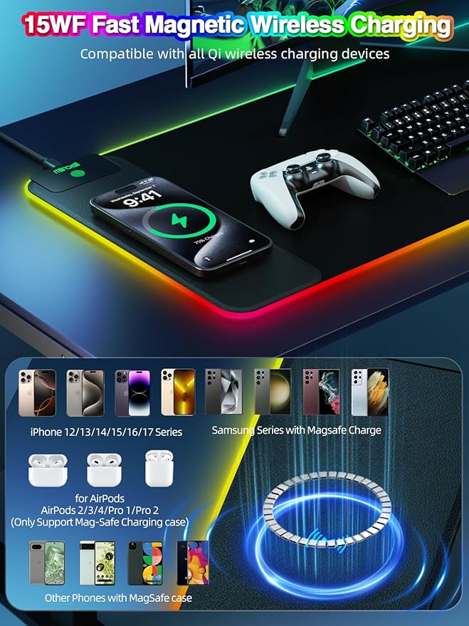 Magnetic Charging Mouse Pad 31.5x11.81 Inch XL Gaming Mousepad 11+5 RGB Lighting Modes Home Office Large Desk Pad with Ultra-Smooth Surface Non-Slip Waterproof Keyboard Pad Classic Black Desk Mat