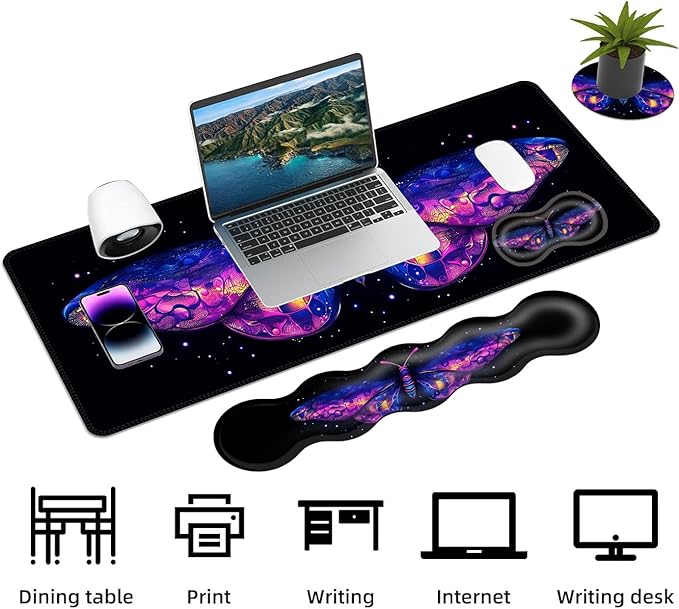 Keyboard Mouse Pad Set Extended Gaming Mouse Pad+Ergonomics Keyboard Wrist Rest Support Memory Foam Easy Typing Pain Relief 4Pcs XL Ultra Thick Desk MatNeon Galaxy Butterfly