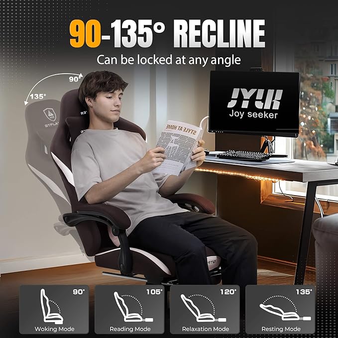 GTPLAYER Gaming Chair with Foot Rest &amp Pocket Spring Cushion Breathable Fabric for Home Office Desk Ergonomic High Back Computer Chair with Headrest &amp Lumbar Support Brown
