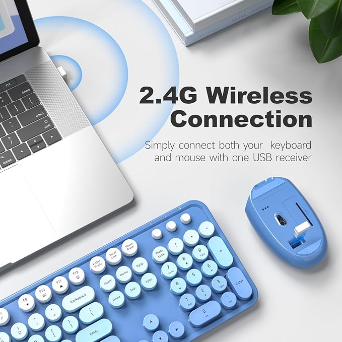 Wireless Keyboard and Mouse Combo MOWUX Full Size Typewriter Retro Round Computer Keyboard Cute Optical Mouse Wireless Plug and Play for Laptop PC Computer-Blue Gradient
