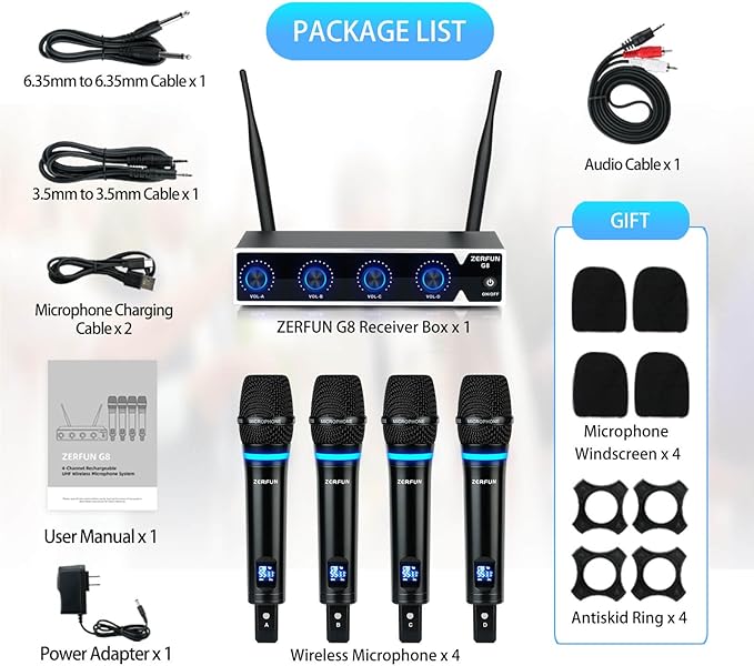 Pro Rechargeable Wireless Microphone System 4 Channel UHF Metal Handheld Wireless Microphones Cordless Mics with VOL Control 4x50 Adjustable Frequency for Karaoke Singing Church(G8)