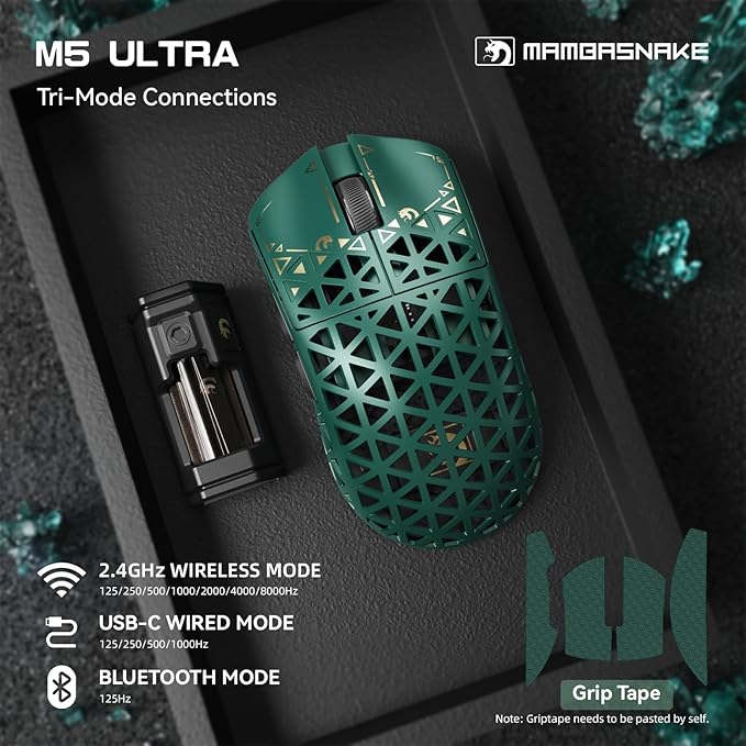 MAMBASNAKE M5 Ultra Carbon Fiber 8000Hz Wireless Gaming Mouse 39g Superlight 42000DPI PAW3950MAX Sensor Nordic 52840 MCU Chip Bluetooth/2.4G/USB-C Wired Mice with Coiled Cable for PC/Mac (Green)