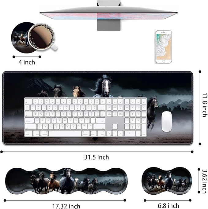 4 in 1 Ergonomic Keyboard Wrist Rest &amp Mouse Pad Wrist Rest Set Large XXL Gaming Desk Mat 31.5x 11.8 with Non-Slip Base Memory Foam for Home Office Study Gaming Running Horses