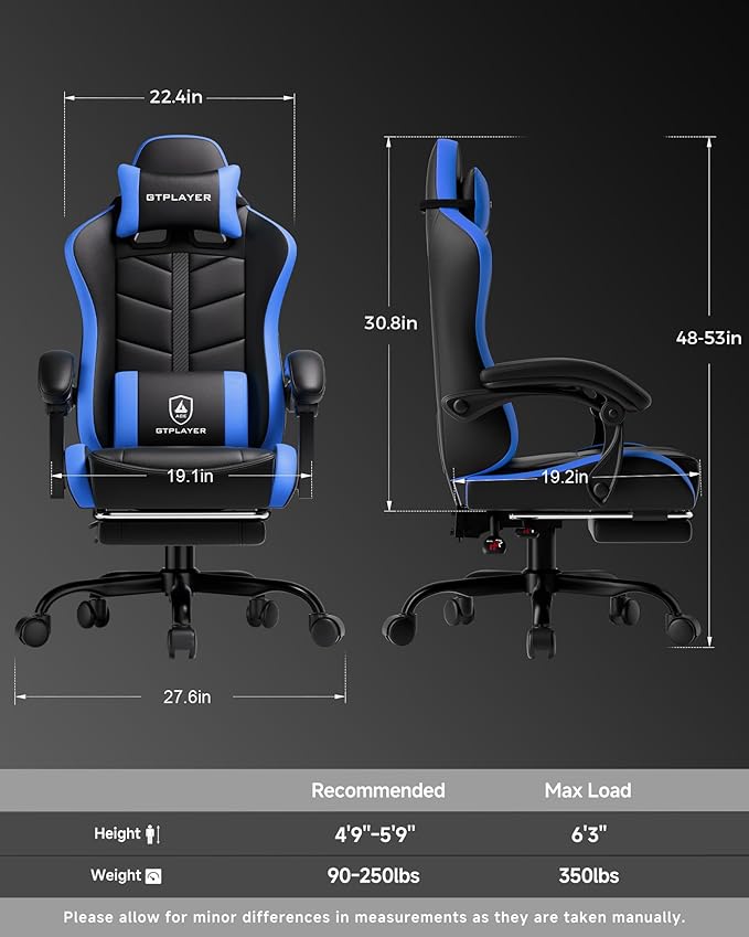 GTPLAYER Gaming Chair for Adults Ergonomic Computer Gaming Chair with Footrest Height Adjustable 90-155° Recline &amp Removable Headrest Lumbar Support Black&ampBlue
