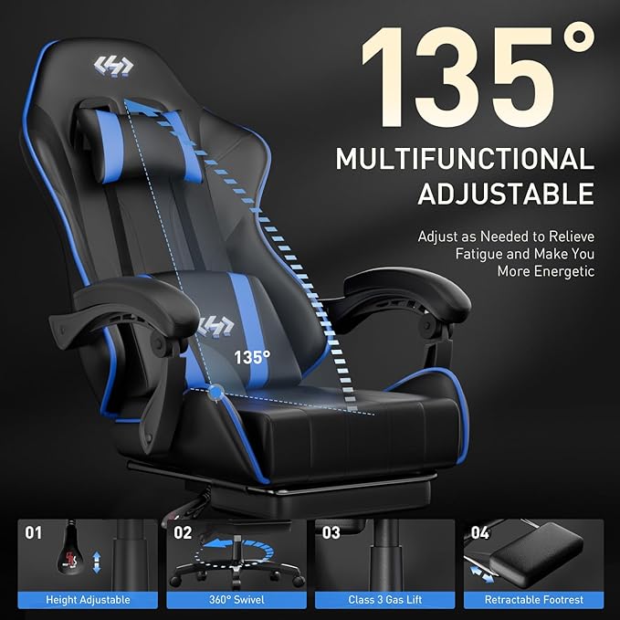 HLDIRECT Gaming Chair Ergonomic Computer Office Chair with Lumbar Support Footrest Headrest PU Leather 360° Swivel Adjustable Height Metal Frame 200 lbs Capacity (Black&ampBlue)