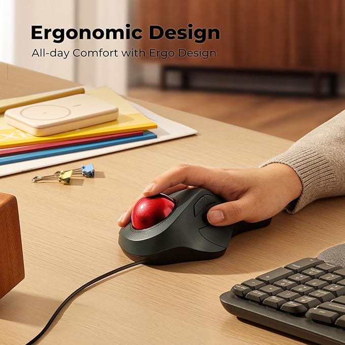 Wired Trackball Mouse for Large Hands Ergonomic Design Reduces Wrist &amp Muscle Strain Precision Tracking with Easy Index Finger Control Compatible with PC Laptop Windows Mac Red