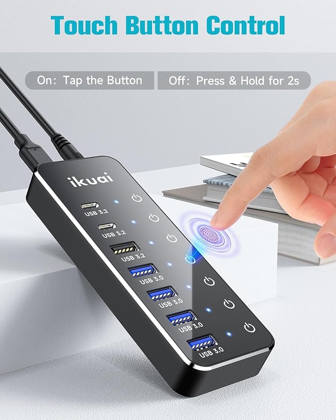 Powered USB Hub ikuai 7-Port USB 3.2 / USB C Hub with 3 10Gbps Data Ports (2 USB-C + 1 USB-A) and 4 USB A 3.0 Ports for PC Laptops