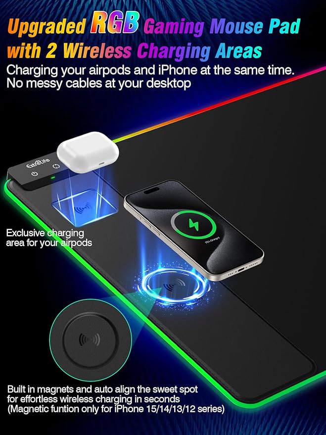 Wireless Charging Mouse Pad 15W RGB Gaming Mouse Pad with Wireless Charger for iPhone/Airpods 31.5x15.7 XXL Large Desk Mat 13 Light Modes Magnetic Charging Waterproof Desk Pad for Gamer Black