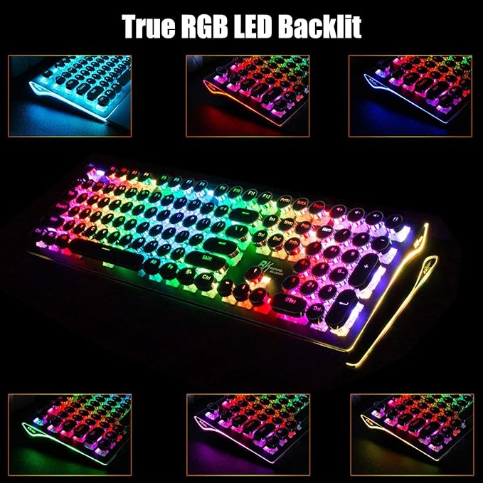 RK ROYAL KLUDGE S108 Typewriter Style Mechanical Gaming Keyboard with RGB Backlit Wired PC Game Keyboard Full Size with Detachable Wrist Rest and Number Pad Retro Round Keycaps Red Switches Black